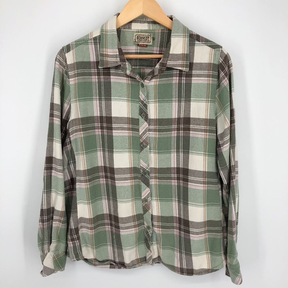 Schmidt Workwear Womens Shirt Size XL Green Plaid Fit For Her Flannel Button Up‎